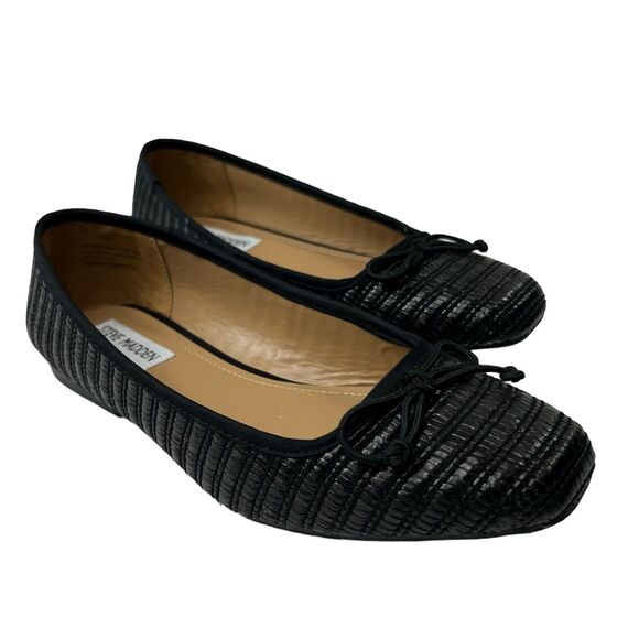 Steve Madden Black Seemly Raffia Straw Ballet Flats 8 Woven Bow Tie - Picture 2 of 10